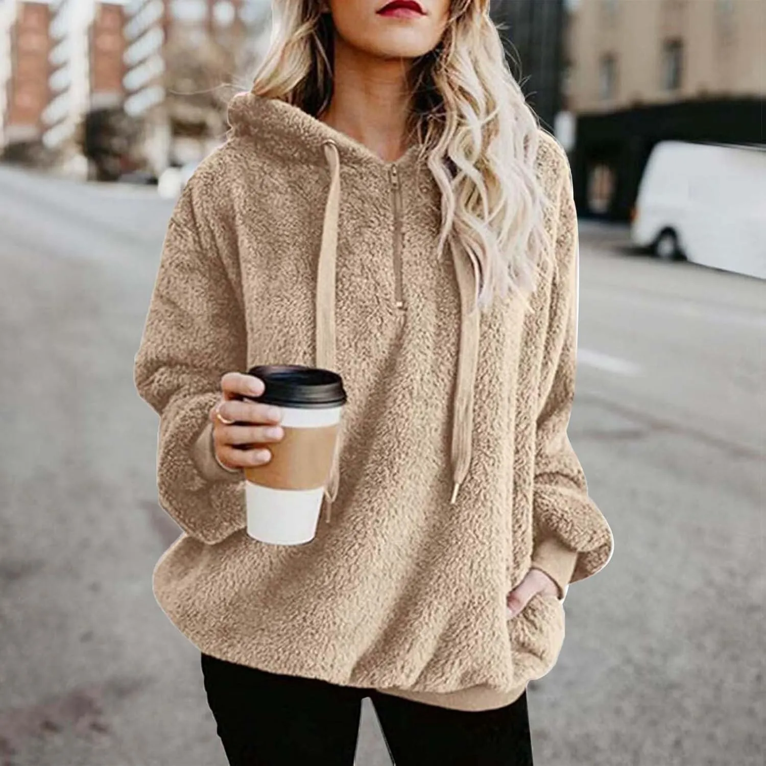 Womens Sweateshirt Oversized Pullover Hoodie Fuzzy Fleece Sweatshirt Fluffy Coat Winter Warm Coat Outwear with Pocket