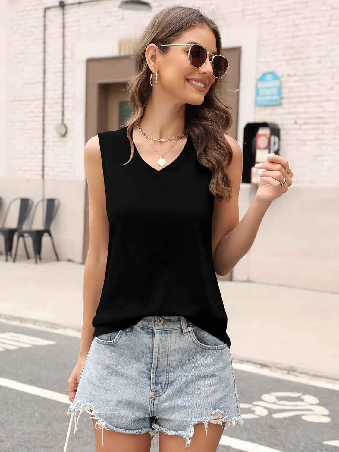 Womens Tank Tops V Neck Summer Casual Sleeveless Cotton Tee Shirts