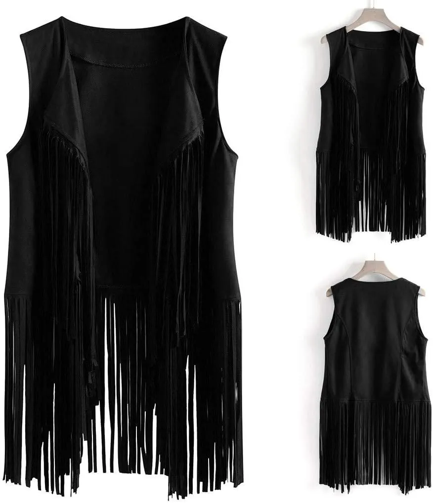 Women's Tassel Fringe Sleeveless Vest Vintage Western 70s Faux Suede Vest Leather Cardigan Jacket Shirts Outwear