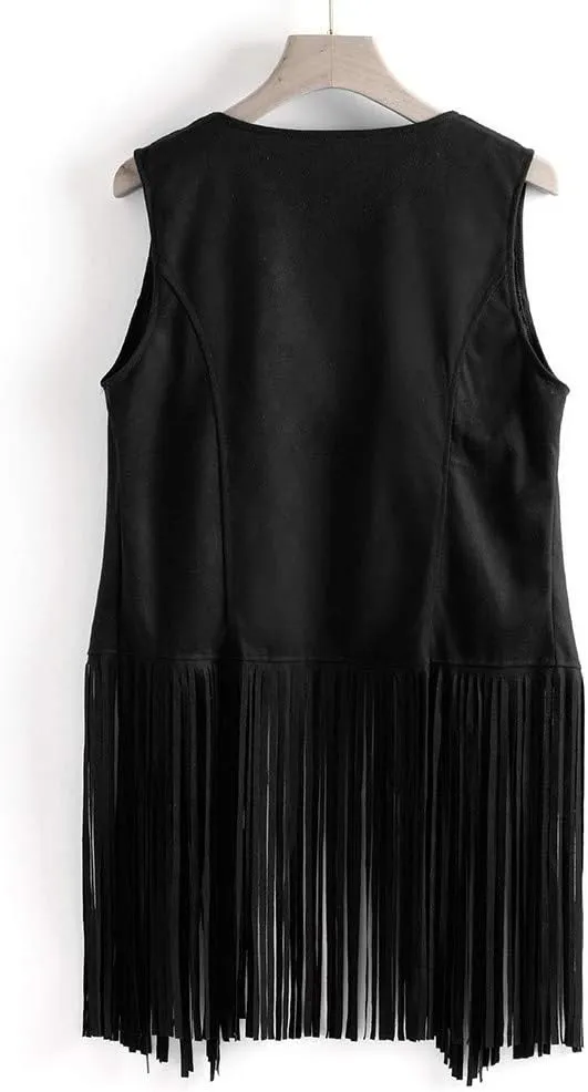 Women's Tassel Fringe Sleeveless Vest Vintage Western 70s Faux Suede Vest Leather Cardigan Jacket Shirts Outwear