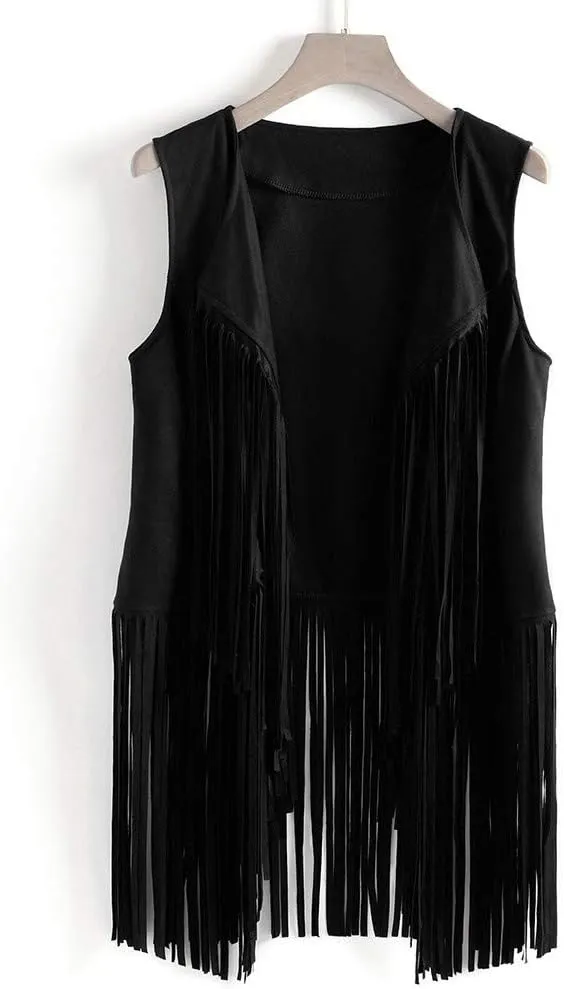 Women's Tassel Fringe Sleeveless Vest Vintage Western 70s Faux Suede Vest Leather Cardigan Jacket Shirts Outwear