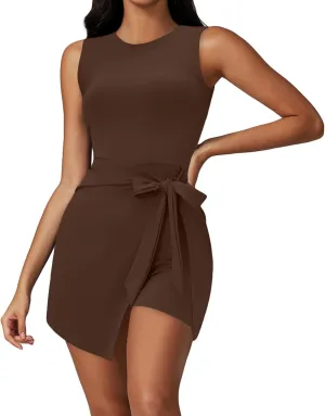 Womens Tennis Dress with Built in Shorts Sleeveless Backless Round Neck Athletic Dress One Piece Workout Rompers