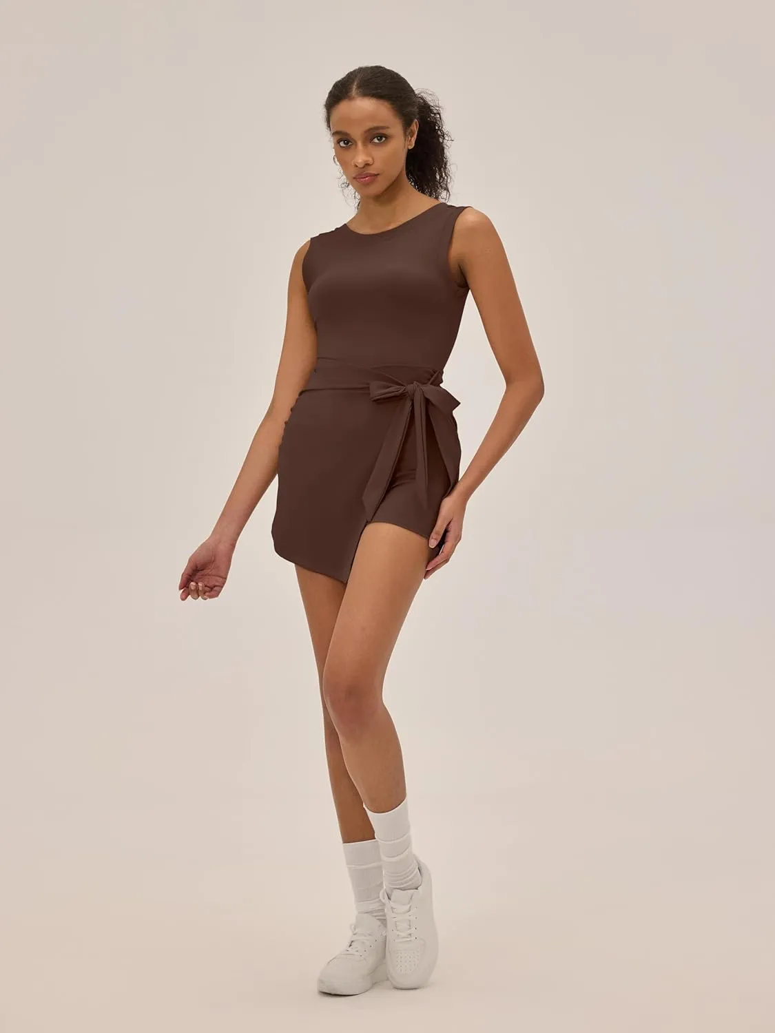 Womens Tennis Dress with Built in Shorts Sleeveless Backless Round Neck Athletic Dress One Piece Workout Rompers