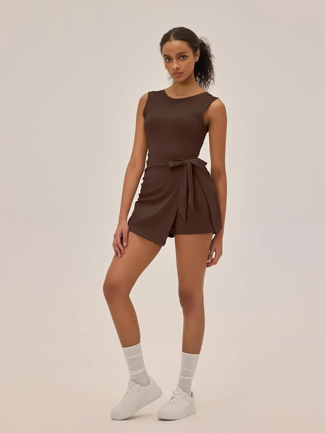 Womens Tennis Dress with Built in Shorts Sleeveless Backless Round Neck Athletic Dress One Piece Workout Rompers