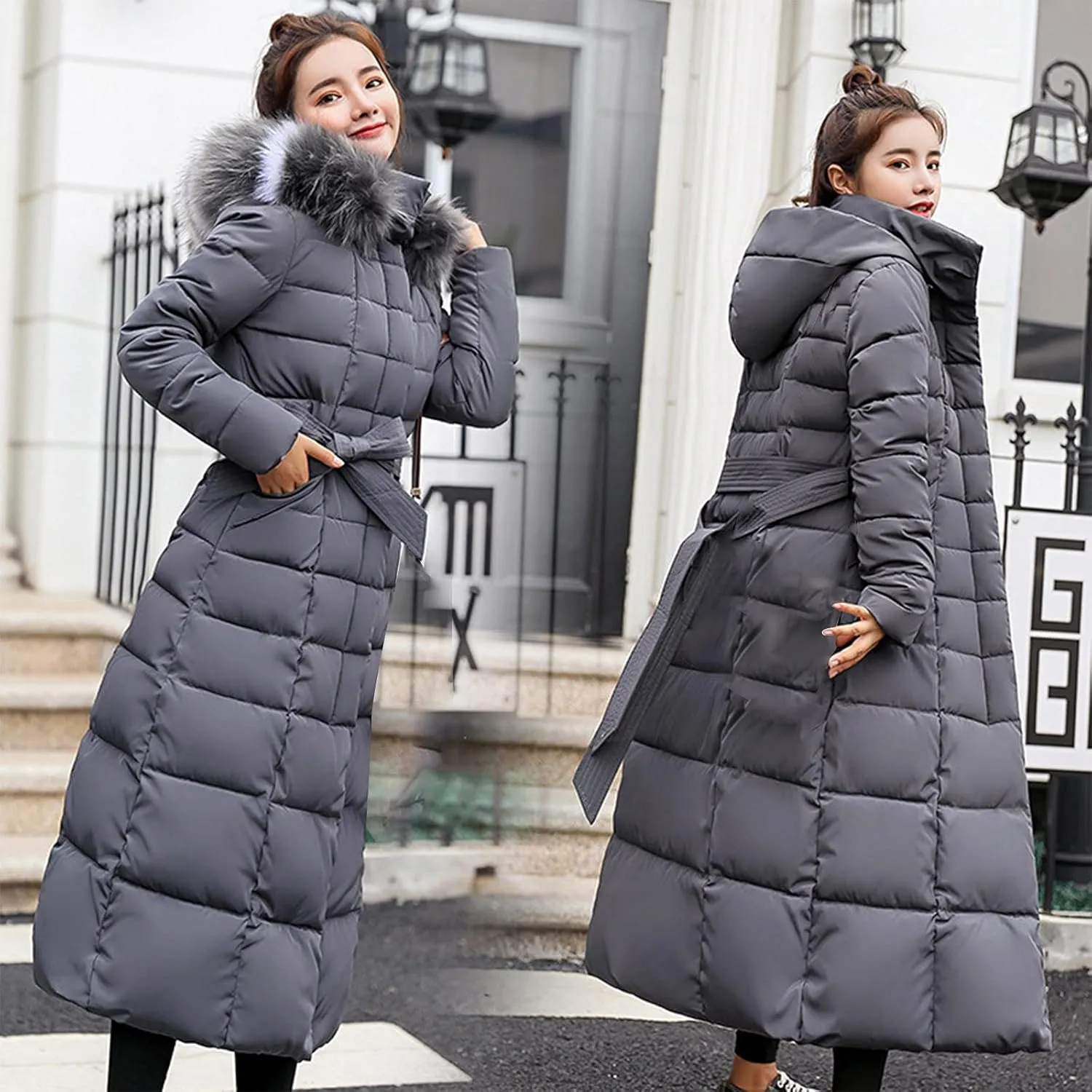 Womens Thick Warm Winter Coats Trendy Furry Hooded Puffer Jacket Plain Padded Cotton Down Jackets Long Outwear