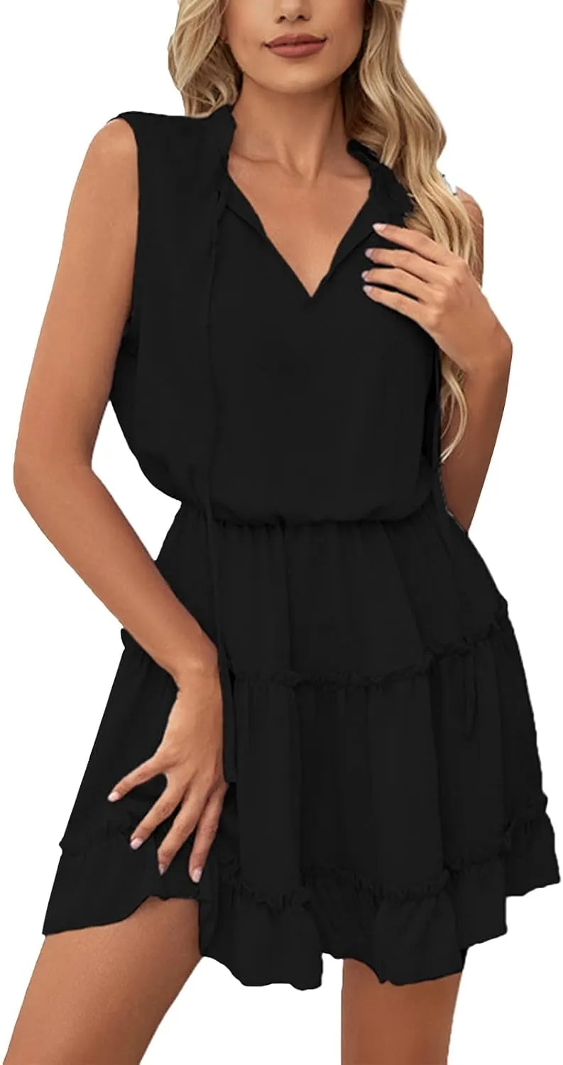 Womens Tiered Swing Mini Dress Casual A Line Summer Ruffle V Neck Tank Dresses Casual Skirts for Women 2024