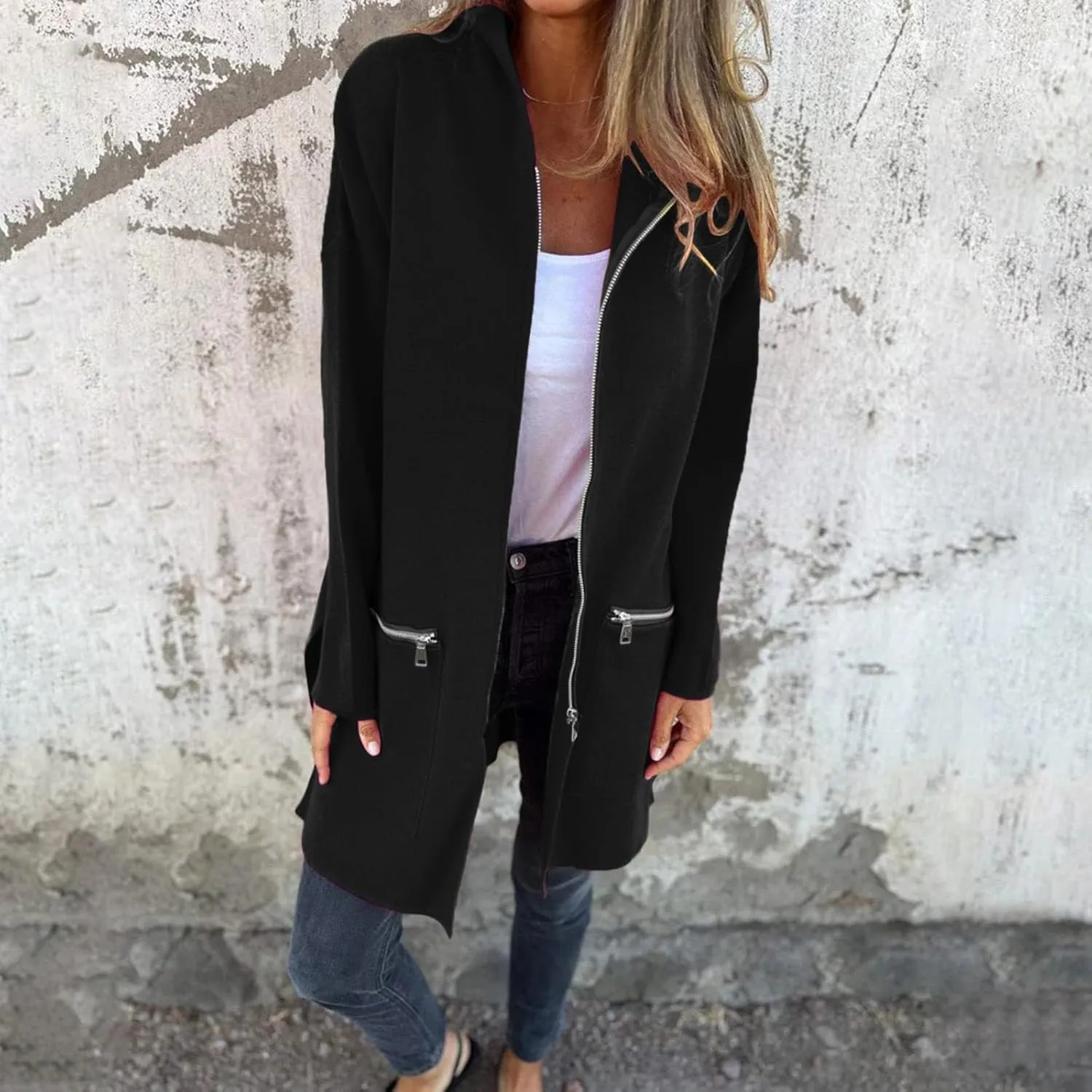 Women's Trench Coat Elegant Plain Long Sleeve Zip Up Winter Jacket Lapel Fuzzy Fleece Casual Solid Color Jackets