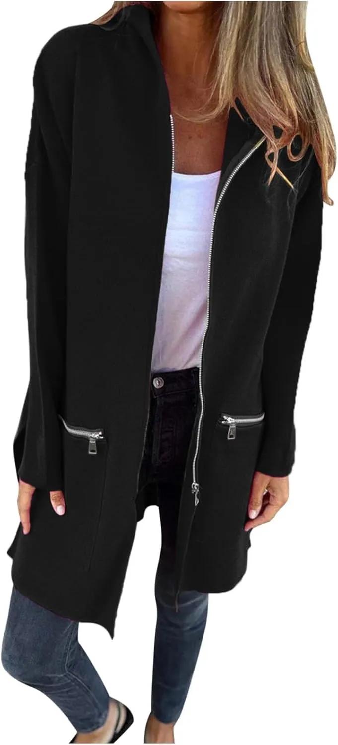 Women's Trench Coat Elegant Plain Long Sleeve Zip Up Winter Jacket Lapel Fuzzy Fleece Casual Solid Color Jackets
