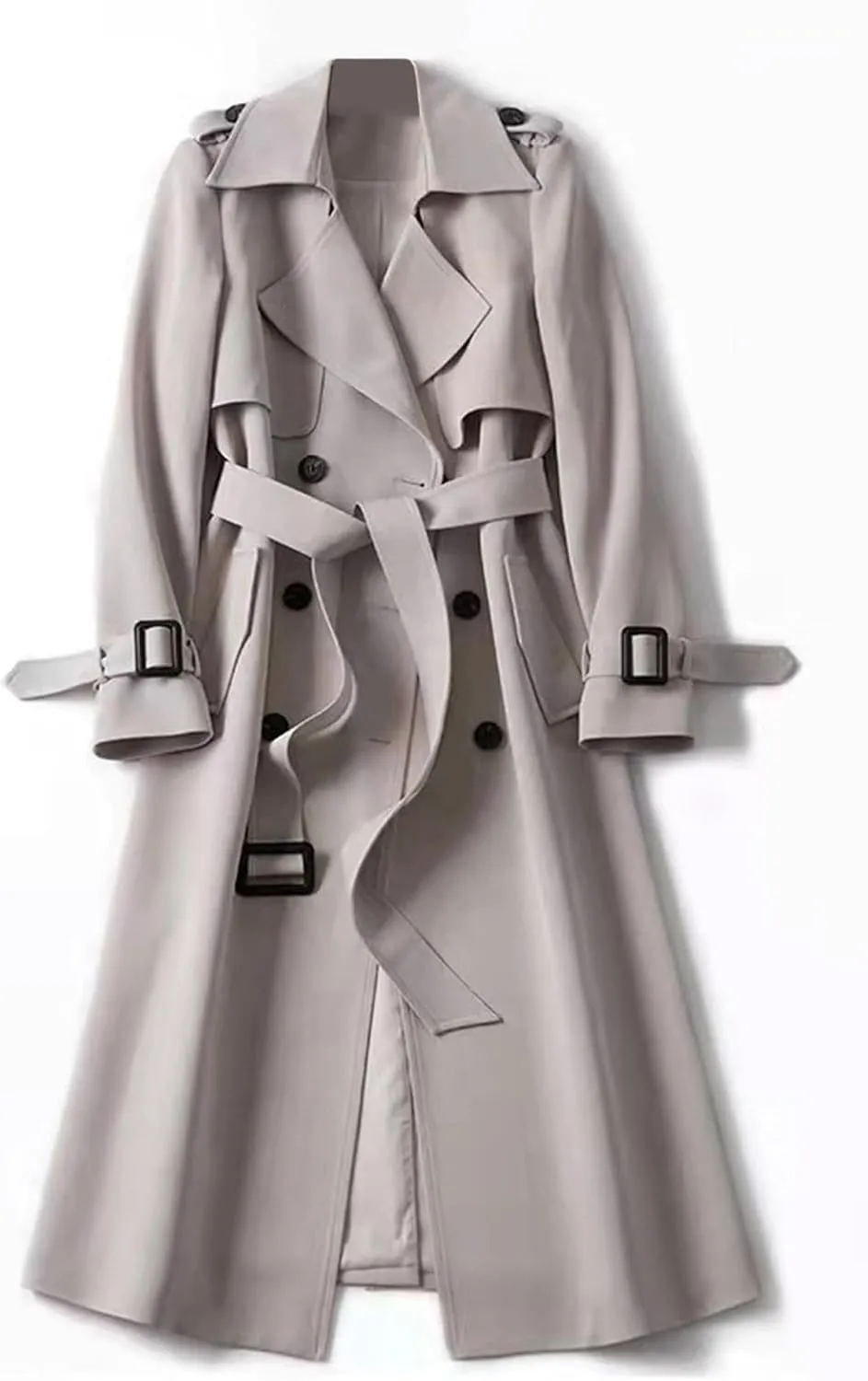 Womens Trench Coat Long Double Breasted Jacket Classic Elegant Windproof Lapel Overcoat with Belt Fall Winter Outwear