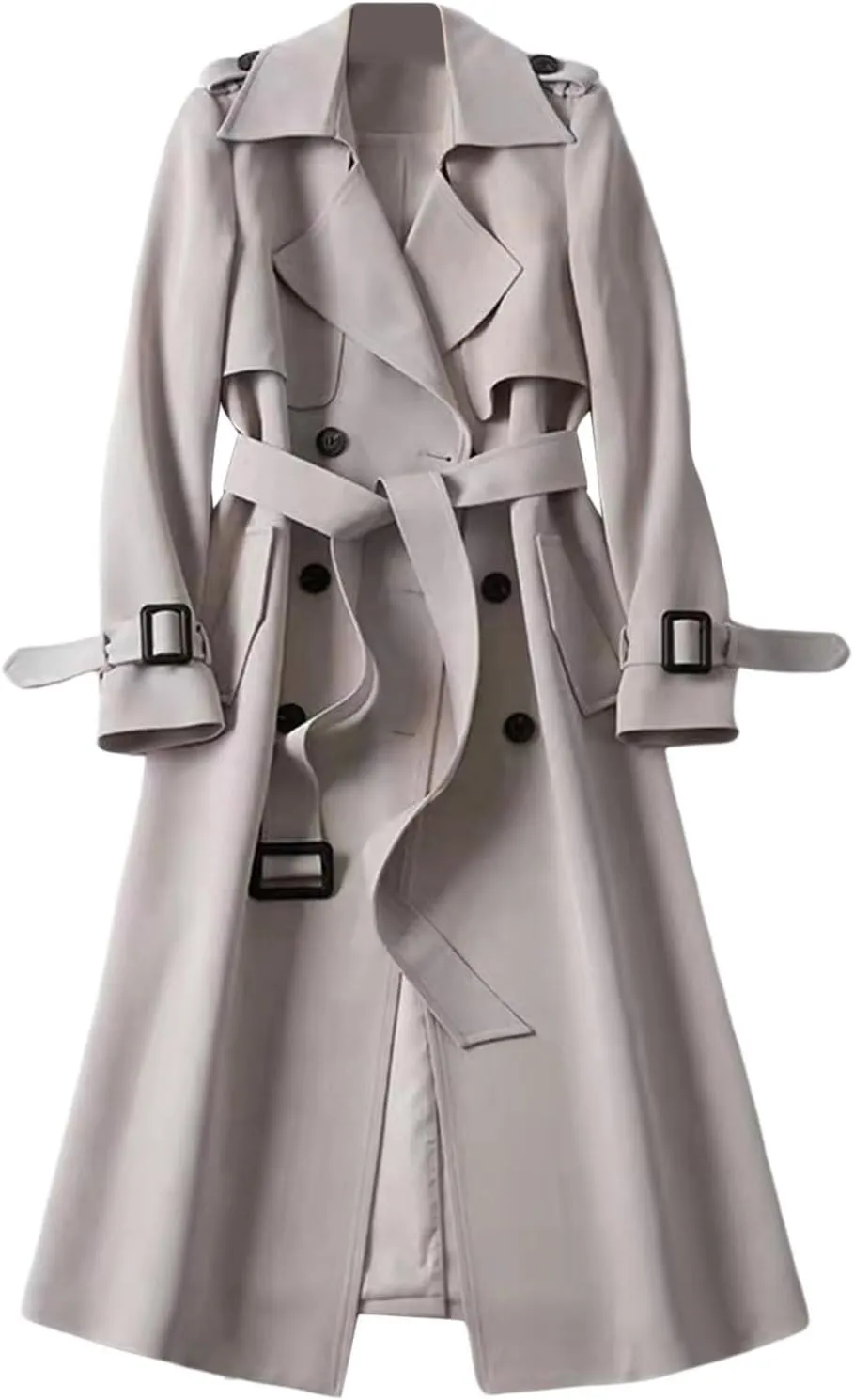 Womens Trench Coat Long Double Breasted Jacket Classic Elegant Windproof Lapel Overcoat with Belt Fall Winter Outwear