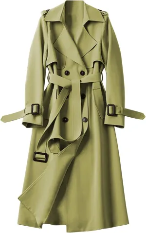 Womens Trench Coat Long Double Breasted Jacket Classic Elegant Windproof Lapel Overcoat with Belt Fall Winter Outwear