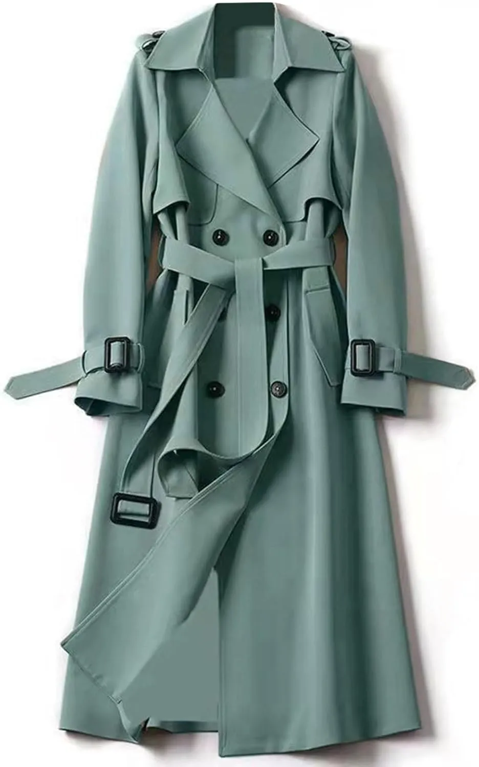 Womens Trench Coat Long Double Breasted Jacket Classic Elegant Windproof Lapel Overcoat with Belt Fall Winter Outwear