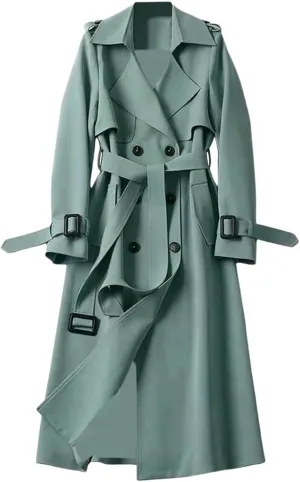 Womens Trench Coat Long Double Breasted Jacket Classic Elegant Windproof Lapel Overcoat with Belt Fall Winter Outwear