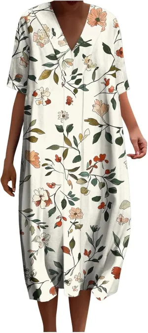 Women's Trendy Cotton Linen Midi Dresses with Pockets V Neck Summer Loose Short Sleeve A-Line Casual Plus Size Dress