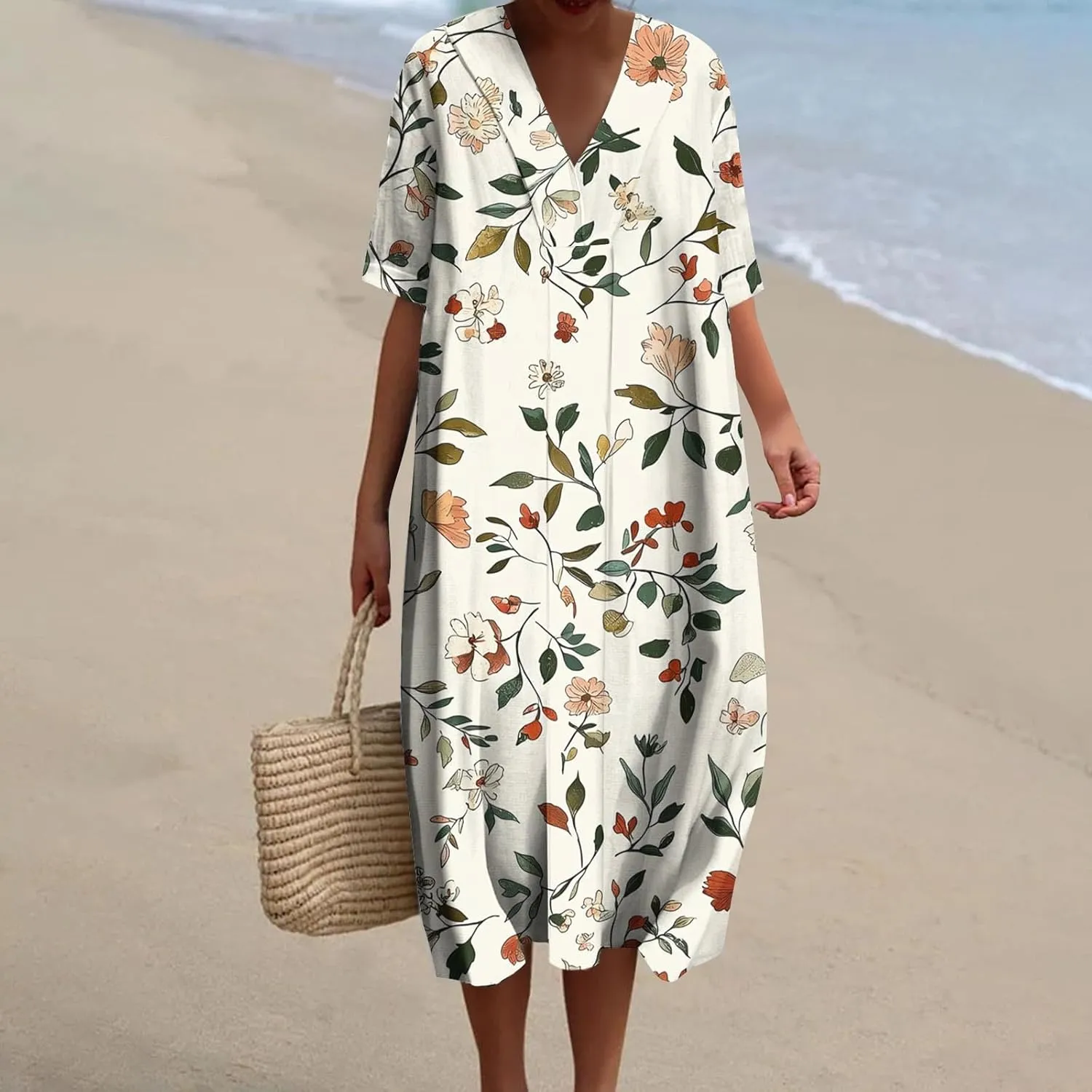 Women's Trendy Cotton Linen Midi Dresses with Pockets V Neck Summer Loose Short Sleeve A-Line Casual Plus Size Dress