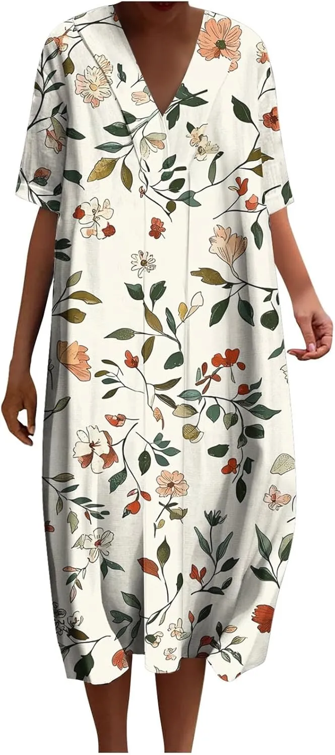 Women's Trendy Cotton Linen Midi Dresses with Pockets V Neck Summer Loose Short Sleeve A-Line Casual Plus Size Dress
