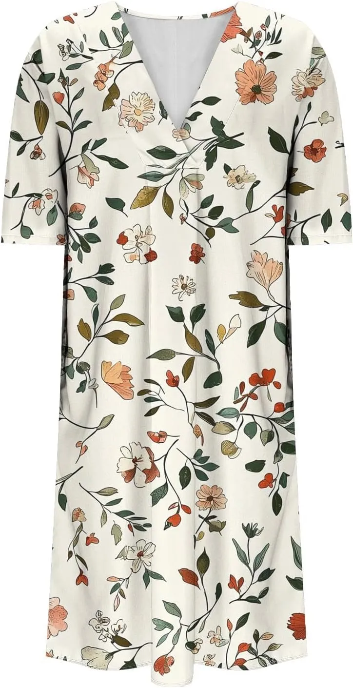 Women's Trendy Cotton Linen Midi Dresses with Pockets V Neck Summer Loose Short Sleeve A-Line Casual Plus Size Dress