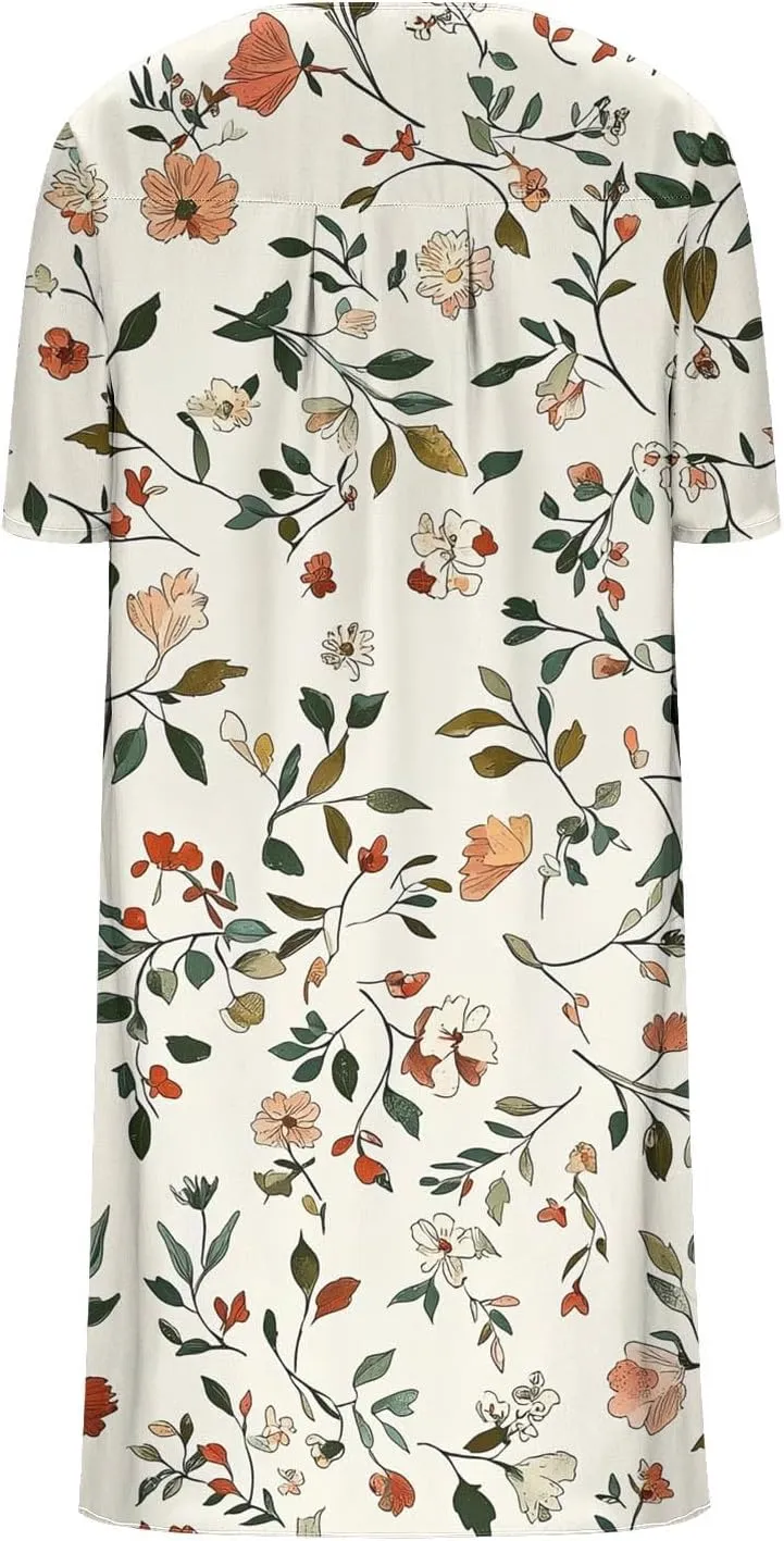 Women's Trendy Cotton Linen Midi Dresses with Pockets V Neck Summer Loose Short Sleeve A-Line Casual Plus Size Dress