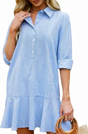 Womens Tunic Shirt Mini Dress Long Sleeve Cotton Short Dress Button Up Ruffle Hem Shift Dresses