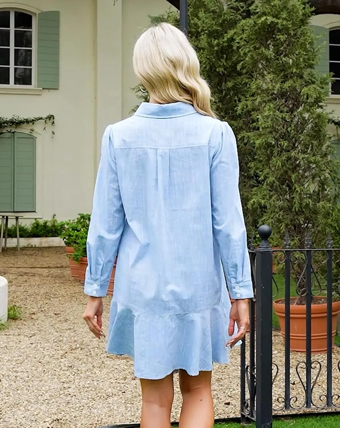 Womens Tunic Shirt Mini Dress Long Sleeve Cotton Short Dress Button Up Ruffle Hem Shift Dresses