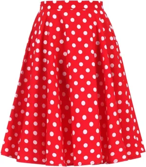 Women's Vintage Pleated Polka Dots Printed Basic A-line Swing Midi Skirt