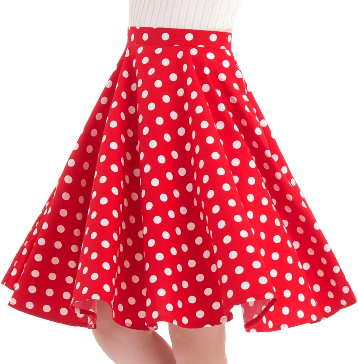 Women's Vintage Pleated Polka Dots Printed Basic A-line Swing Midi Skirt