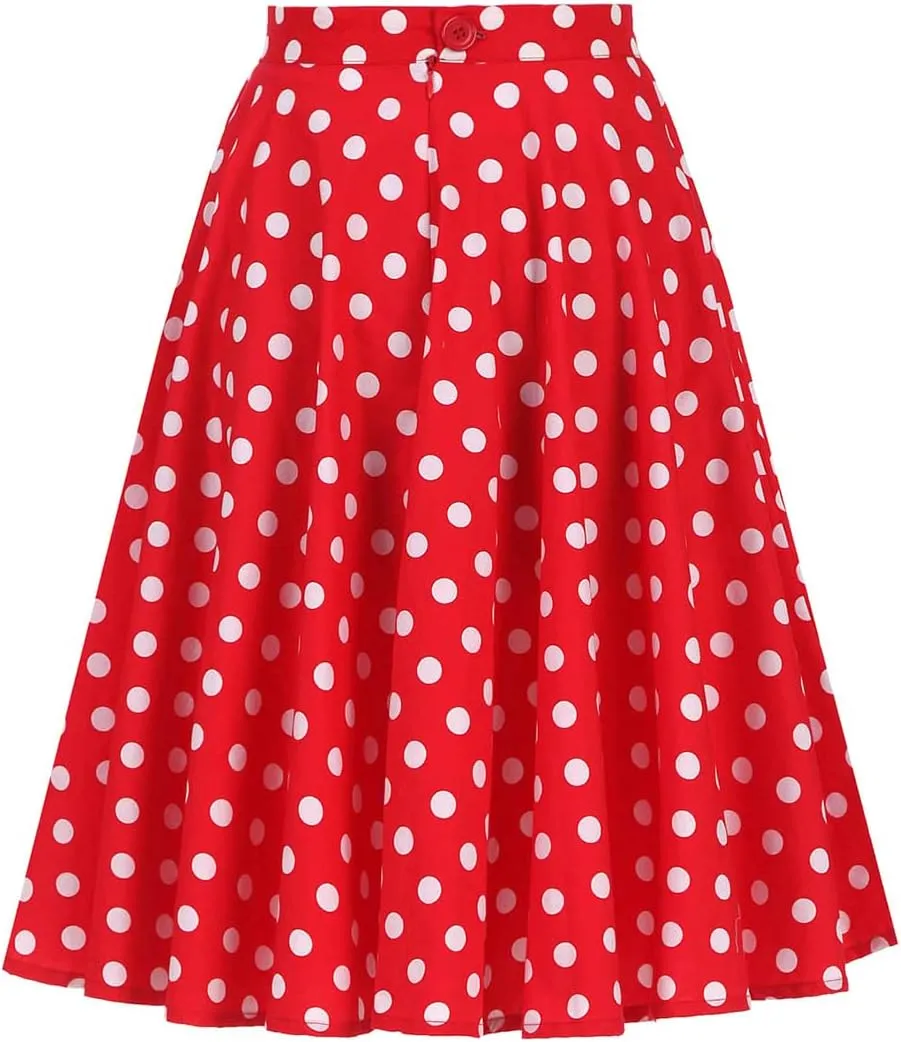 Women's Vintage Pleated Polka Dots Printed Basic A-line Swing Midi Skirt