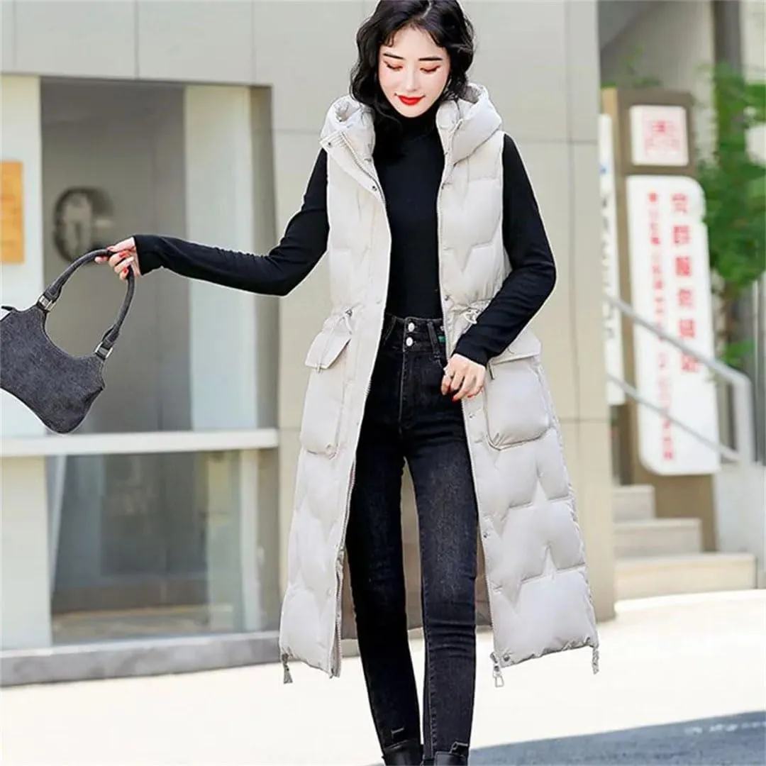 Women's Winter Hooded Down Cotton Waistcoat Loose Long Warm Cotton Vest Coat Sleeveless Padded Vests Overcoat