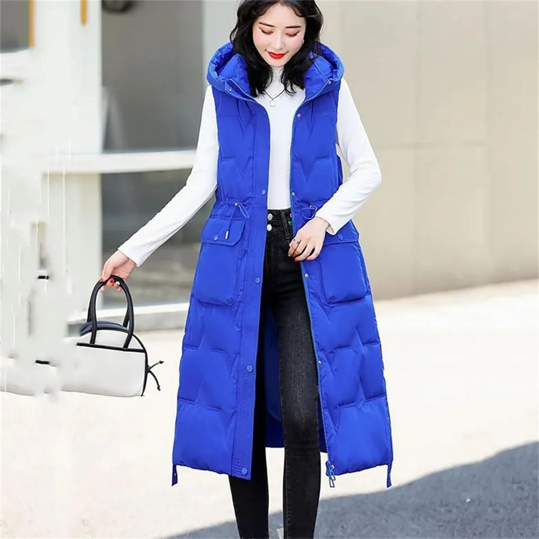 Women's Winter Hooded Down Cotton Waistcoat Loose Long Warm Cotton Vest Coat Sleeveless Padded Vests Overcoat