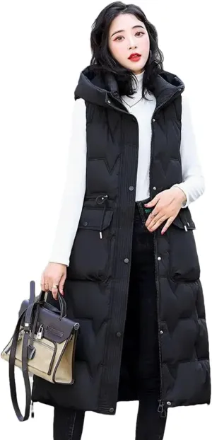 Women's Winter Hooded Down Cotton Waistcoat Loose Long Warm Cotton Vest Coat Sleeveless Padded Vests Overcoat
