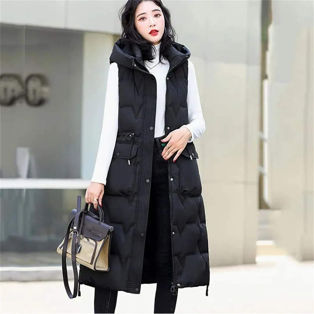Women's Winter Hooded Down Cotton Waistcoat Loose Long Warm Cotton Vest Coat Sleeveless Padded Vests Overcoat
