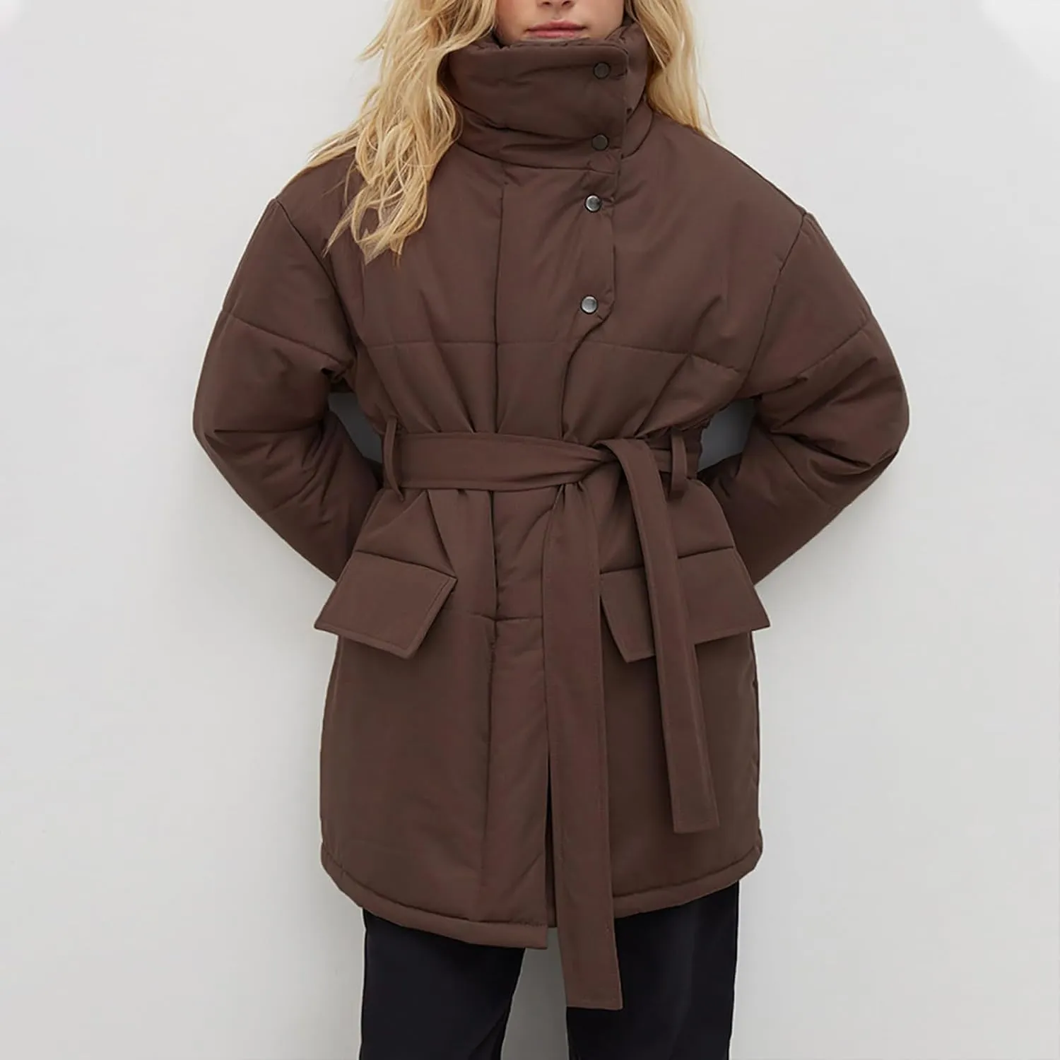 Women's Winter Jackets Plus Size Warm Loose Zip Up Quilted Jacket Long Down Winter Coats for Women 2024 with Belt