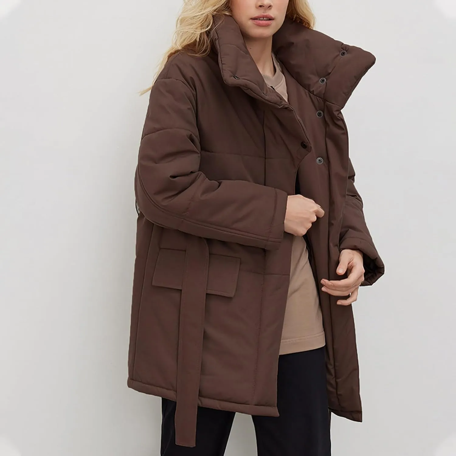 Women's Winter Jackets Plus Size Warm Loose Zip Up Quilted Jacket Long Down Winter Coats for Women 2024 with Belt