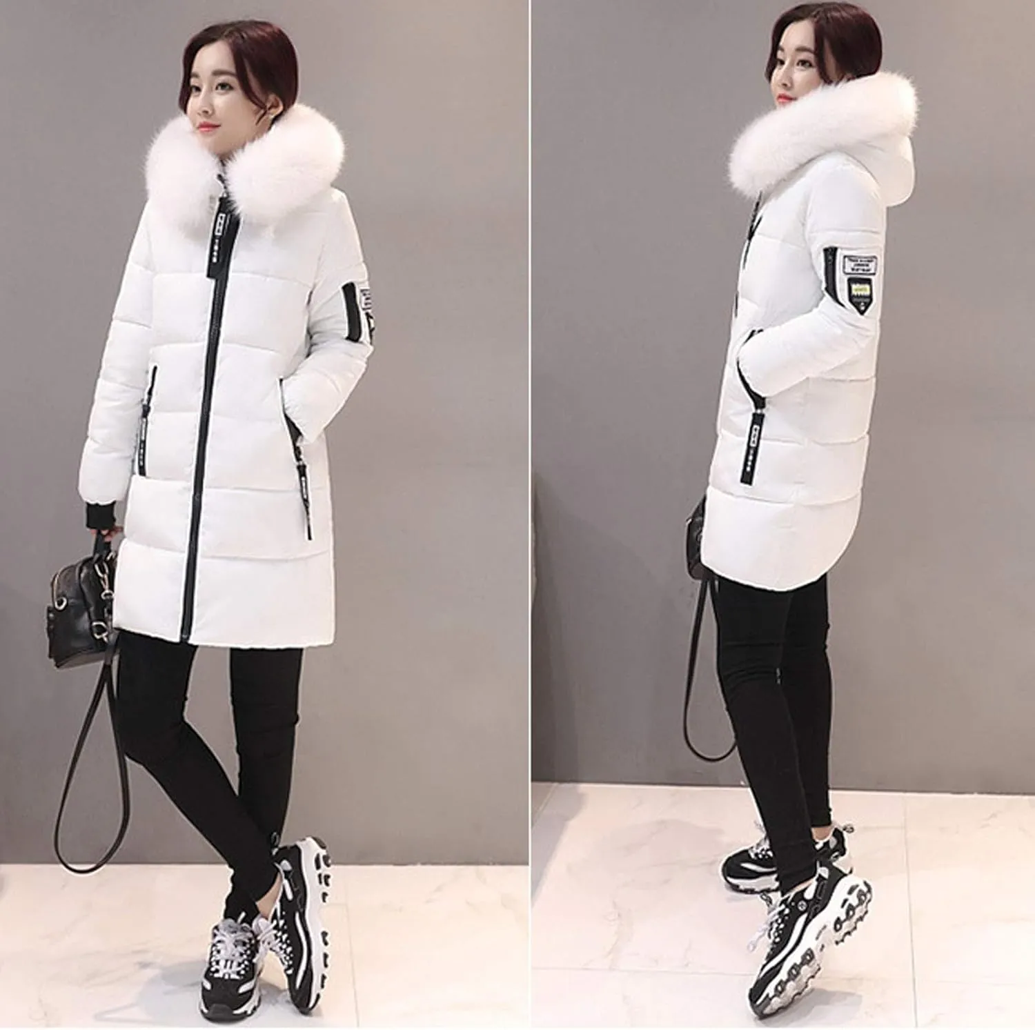 Womens Winter Thick Puffer Jacket Furry Collar Hoodie Outerwear Zipper Pocket Long Coats Warm Cotton Down Jackets