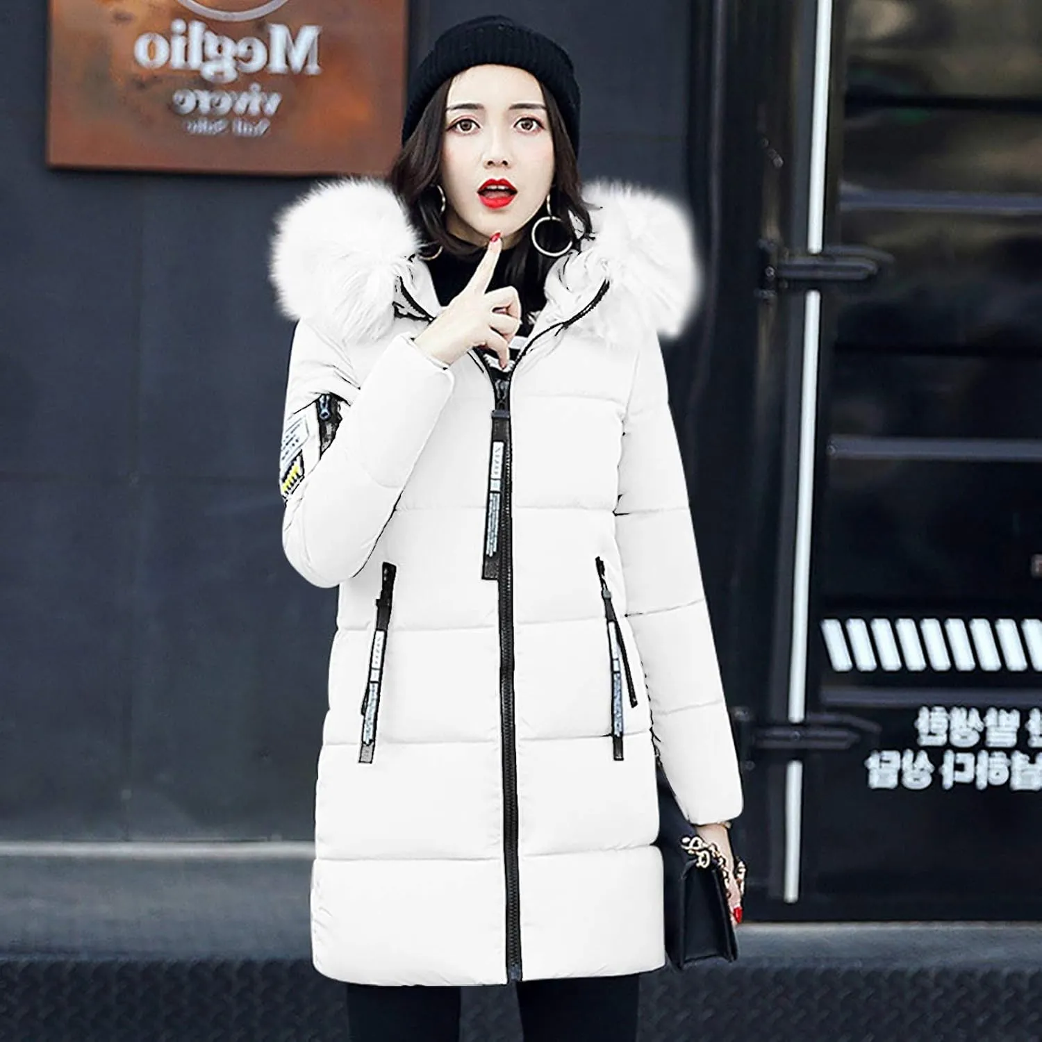 Womens Winter Thick Puffer Jacket Furry Collar Hoodie Outerwear Zipper Pocket Long Coats Warm Cotton Down Jackets