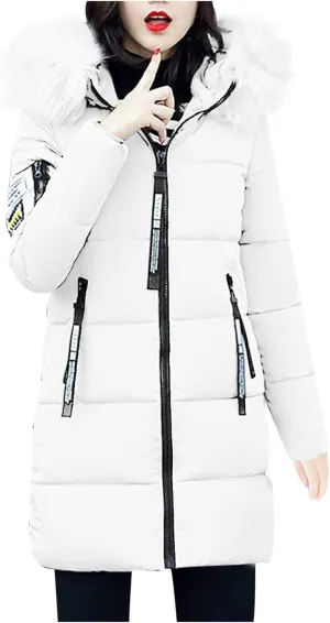 Womens Winter Thick Puffer Jacket Furry Collar Hoodie Outerwear Zipper Pocket Long Coats Warm Cotton Down Jackets