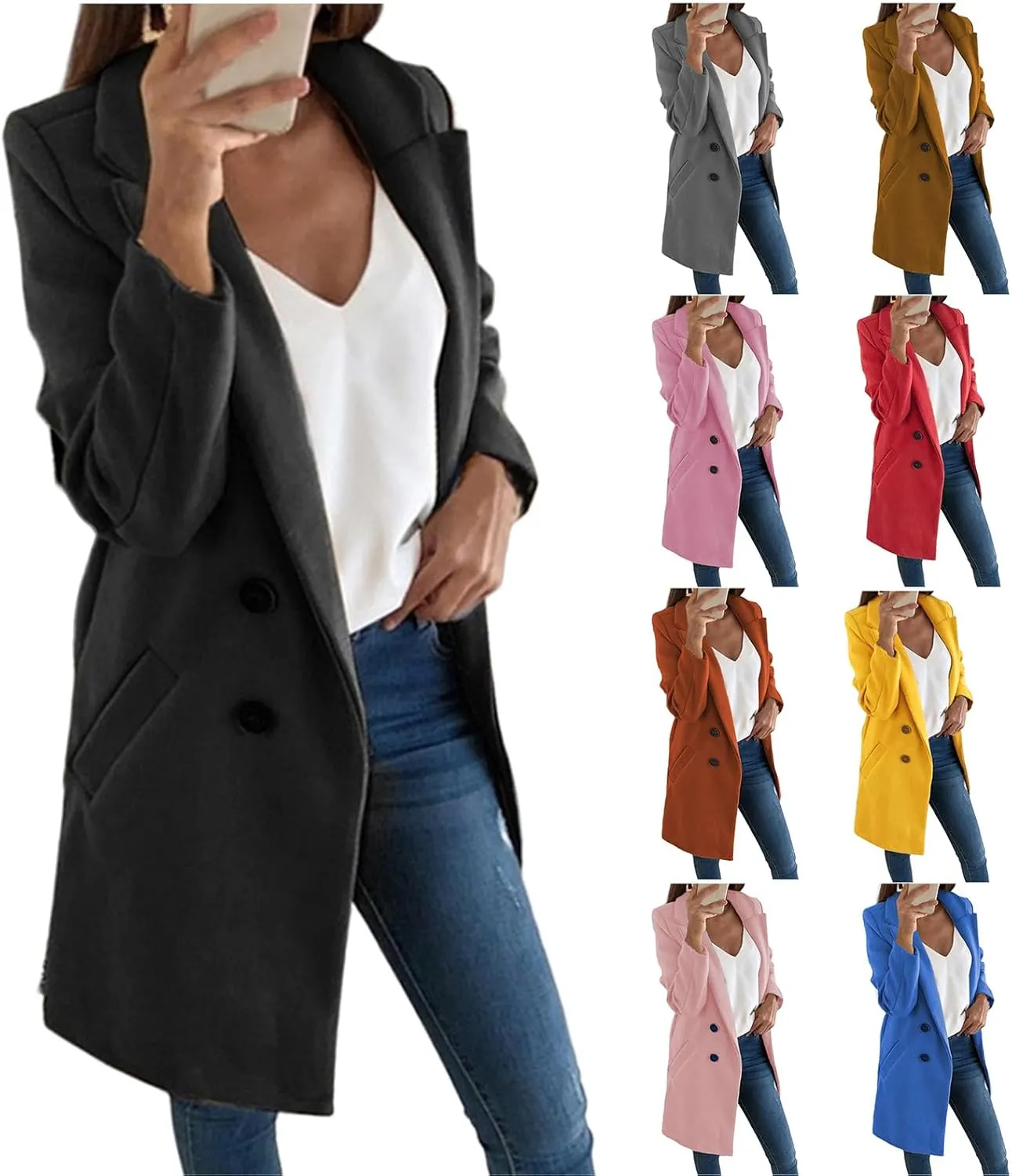 Womens Wool Blend Coats Long Peacoat Double Breasted Trench Coat Lapel Overcoat Winter Warm Jackets
