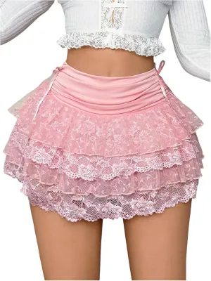 Women's Y2k Low Waist Lace Mini Skirts Layered Ruffled Swing A Line Skirt Skort