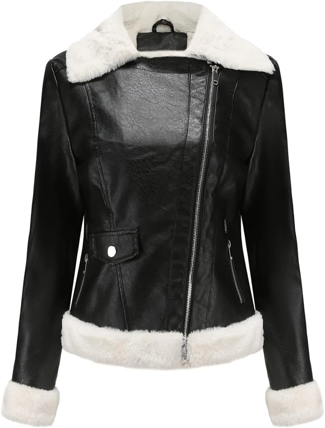 XUNRYAN Women's Faux-Leather Shearling Moto Bomber Jacket Sherpa Coat Winter Aviator Faux-Leather Coat Outwear Hippie Clothes