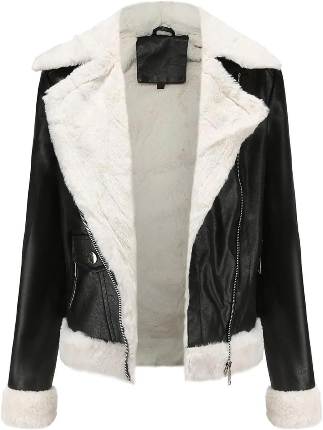 XUNRYAN Women's Faux-Leather Shearling Moto Bomber Jacket Sherpa Coat Winter Aviator Faux-Leather Coat Outwear Hippie Clothes