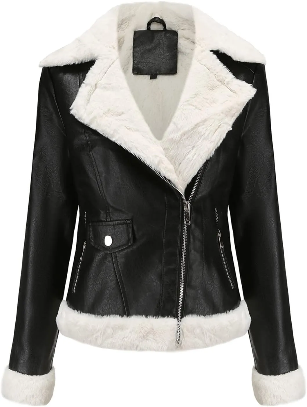 XUNRYAN Women's Faux-Leather Shearling Moto Bomber Jacket Sherpa Coat Winter Aviator Faux-Leather Coat Outwear Hippie Clothes