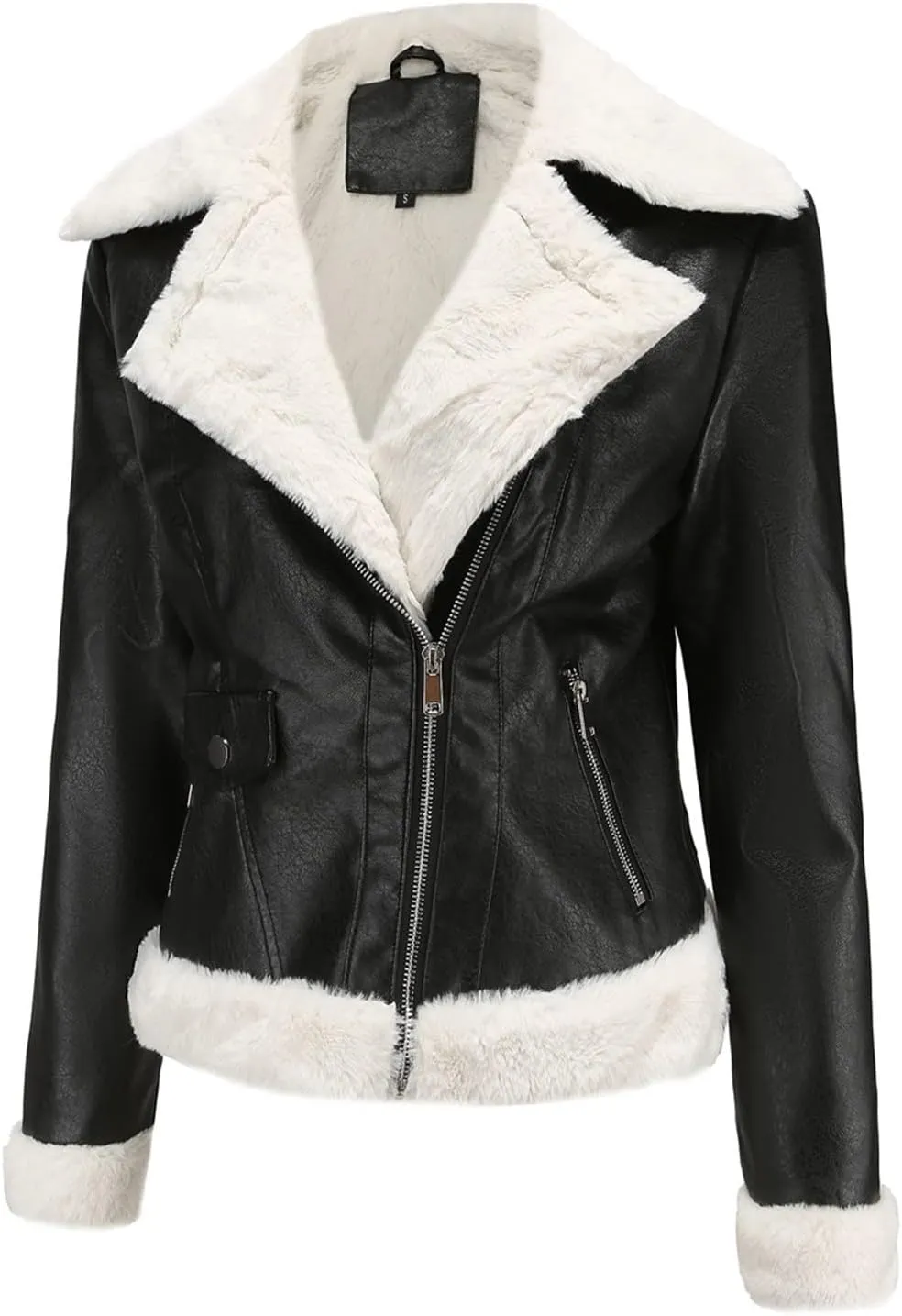 XUNRYAN Women's Faux-Leather Shearling Moto Bomber Jacket Sherpa Coat Winter Aviator Faux-Leather Coat Outwear Hippie Clothes