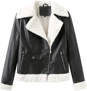 XUNRYAN Women's Faux-Leather Shearling Moto Bomber Jacket Sherpa Coat Winter Aviator Faux-Leather Coat Outwear Hippie Clothes