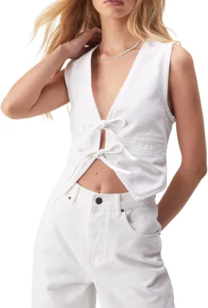 Y2k Tie Front Vest Top Sleeveless Denim Tank Tops Deep V Neck Open Front Solid Color Vest Summer Streetwear