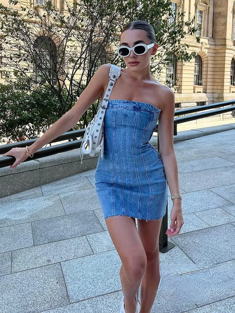 YELLOOP Y2k Mini Dress Denim Tube Dress for Women Trendy Club Dresses for Women Going Out Dresses for Women
