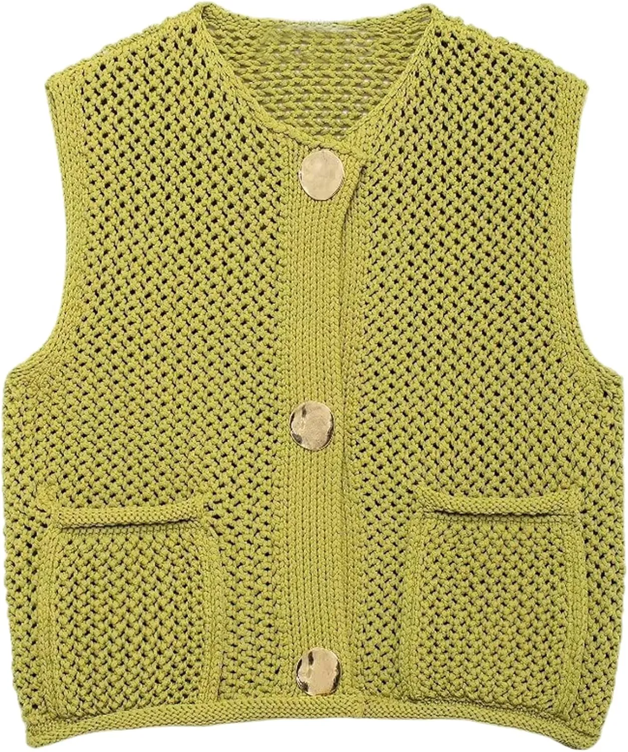 Yimoon Womens Crochet Chunky Knit Sweater Vest Casual Sleeveless Button Down Vest Tops Cropped Cardigan Sweaters with Pockets