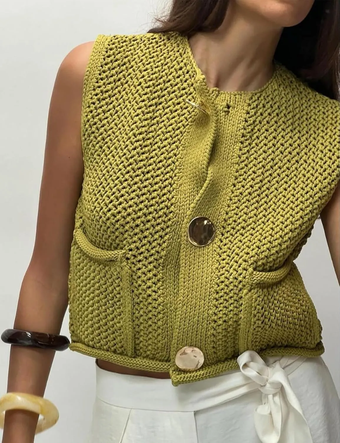 Yimoon Womens Crochet Chunky Knit Sweater Vest Casual Sleeveless Button Down Vest Tops Cropped Cardigan Sweaters with Pockets