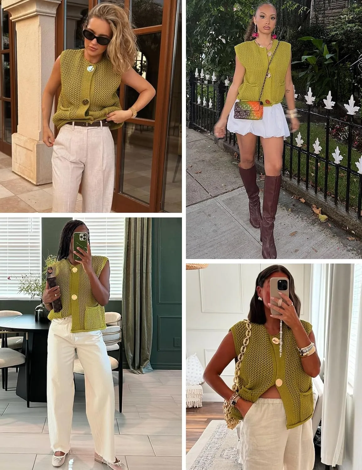 Yimoon Womens Crochet Chunky Knit Sweater Vest Casual Sleeveless Button Down Vest Tops Cropped Cardigan Sweaters with Pockets