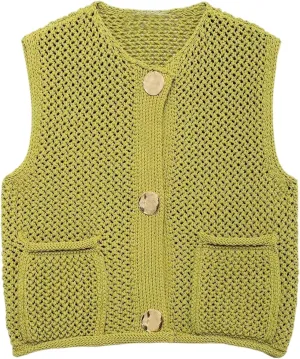 Yimoon Womens Crochet Chunky Knit Sweater Vest Casual Sleeveless Button Down Vest Tops Cropped Cardigan Sweaters with Pockets