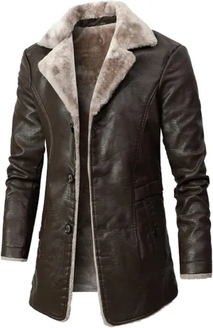 Ymosrh Men's Leather Coats Faux Sherpa Lined Bomber Jacket Winter Warm Turn-Down Collar Coats Jacket, M-5XL